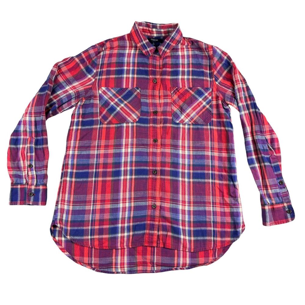 Madewell Top Women's Small Red White Blue Plaid Button Down Long Sleeve Pockets